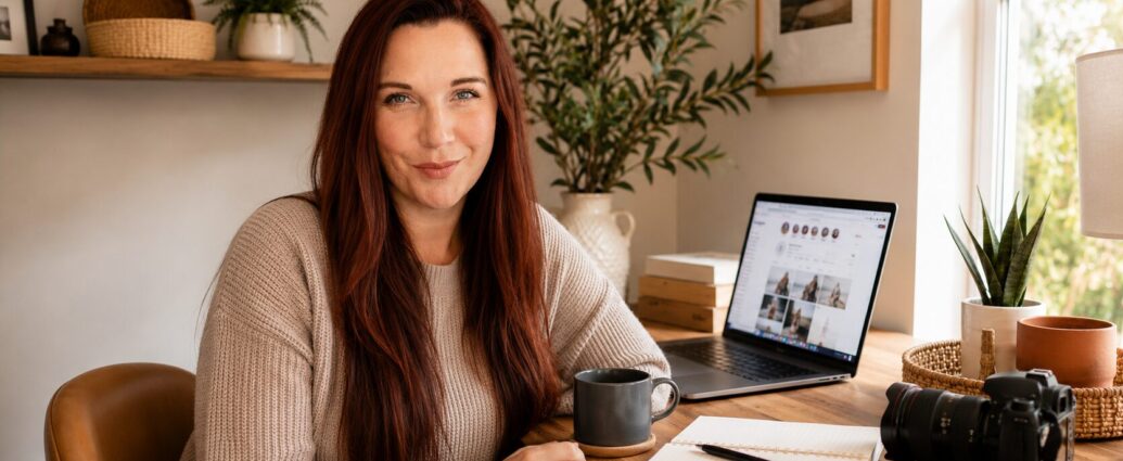 Small business owner creating authentic content on Instagram using AI as a tool while working from a modern home office.