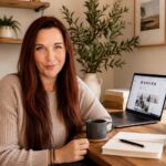 Small business owner creating authentic content on Instagram using AI as a tool while working from a modern home office.