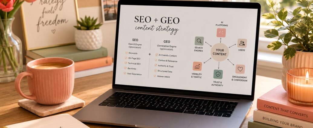 Business owner creating SEO and GEO content strategy on a laptop with AI search platforms and website analytics displayed in a modern home office.