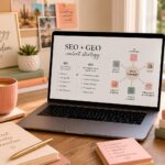 Business owner creating SEO and GEO content strategy on a laptop with AI search platforms and website analytics displayed in a modern home office.