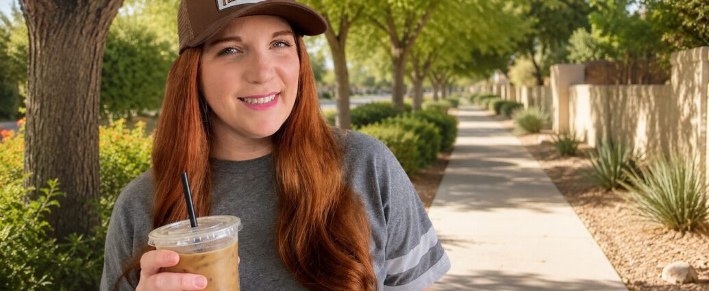 Small business owner taking a walk with iced coffee while sharing her Pinterest strategy.