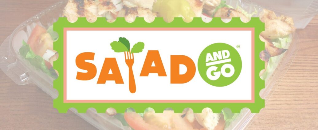 A salad in a to go box with a thoughtful headline about business growth and sustainability.